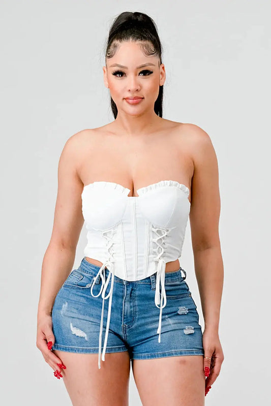 Luxe sweetheart ruffled drawstring lace bustier top - Image #1