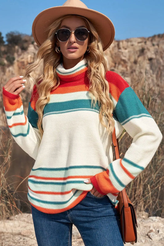 Striped Turtleneck Drop Shoulder Sweater - Image #1
